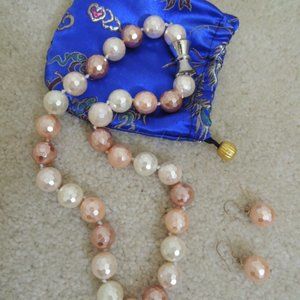 Multi Faceted Ball Pierced Earrings +Matching Necklace - Peach Bronze Cream +bag